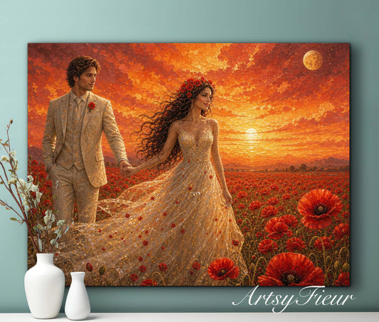 Framed canvas- whimsical full moon sunset -bride and groom, wedding gift, fantasy oil painting bedroom wall art print floral poppies field colourful vibrant colours