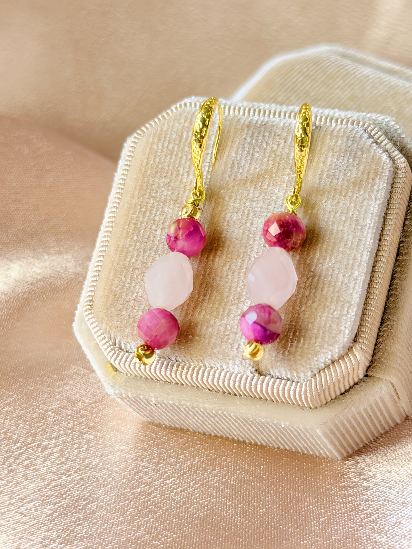 Rose Quartz Earrings Pink Tigers Eye Natural Gemstone Dangle Drop Long Earrings Hypoallergenic