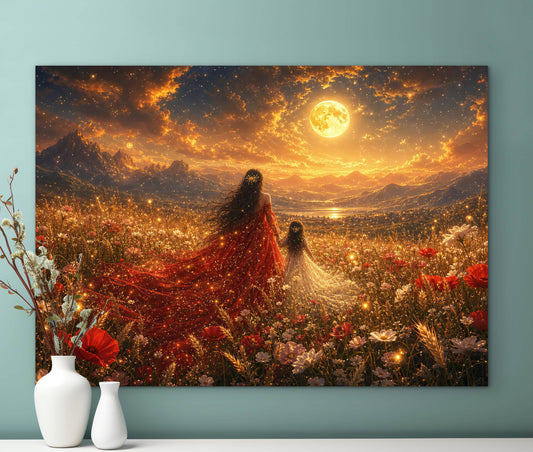 Framed Canvas- Vibrant Mother and Daughter Portrait Wildflowers Field Whimsical Landscape, Beautiful Gold Full Moon, Fantasy Floral Print