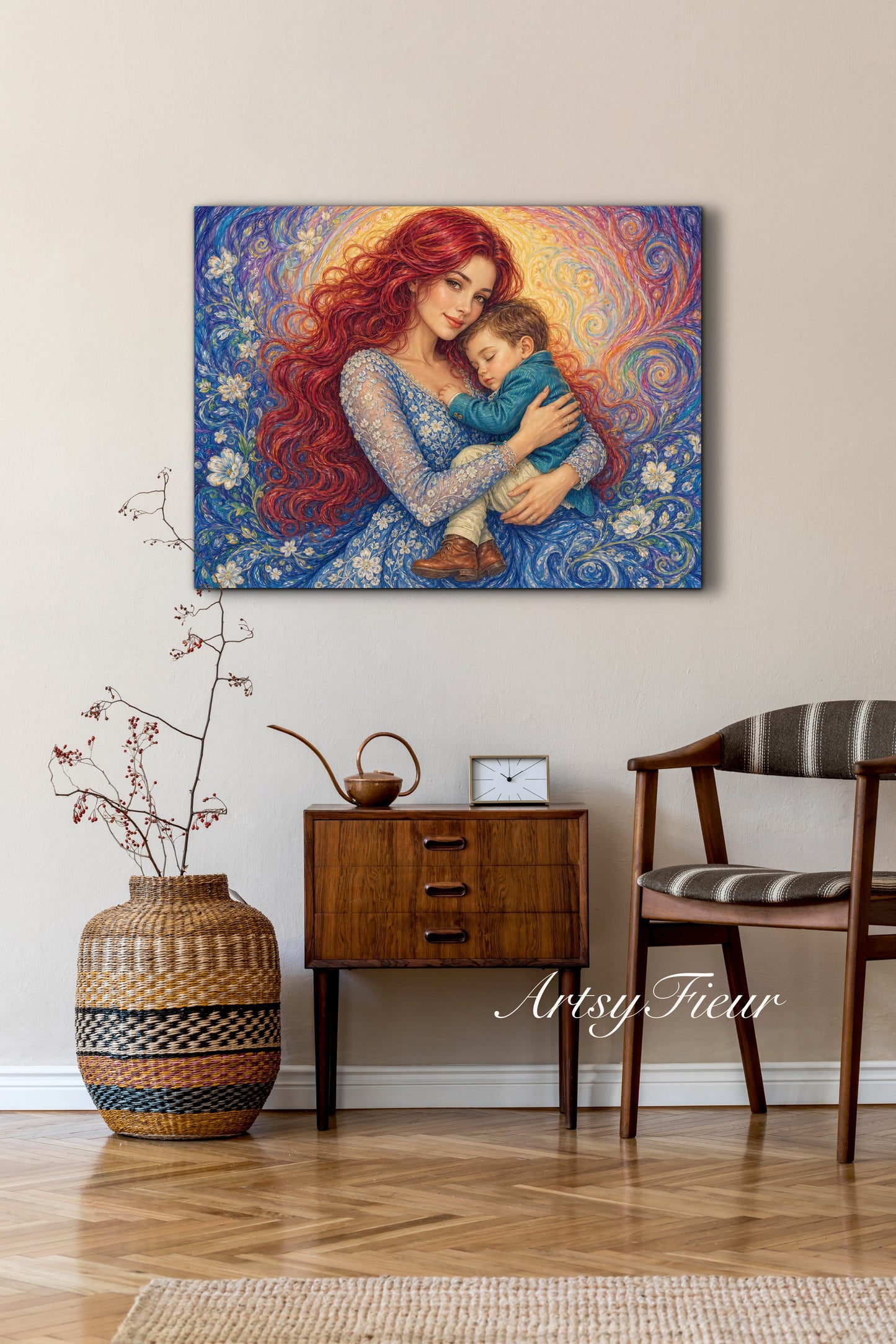 Framed canvas- ready to hang wall art print, vibrant colours crayon drawing abstract portrait mother and son, mother and baby boy, dark hair beautiful red hair woman , mothers day gilt, unique original artwork