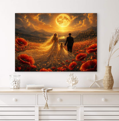 Framed Canvas Vibrant Poppies- Whimsical full moon fantasy oil painting Wedding celebration mother and daughter beautiful family portrait Original wall art print