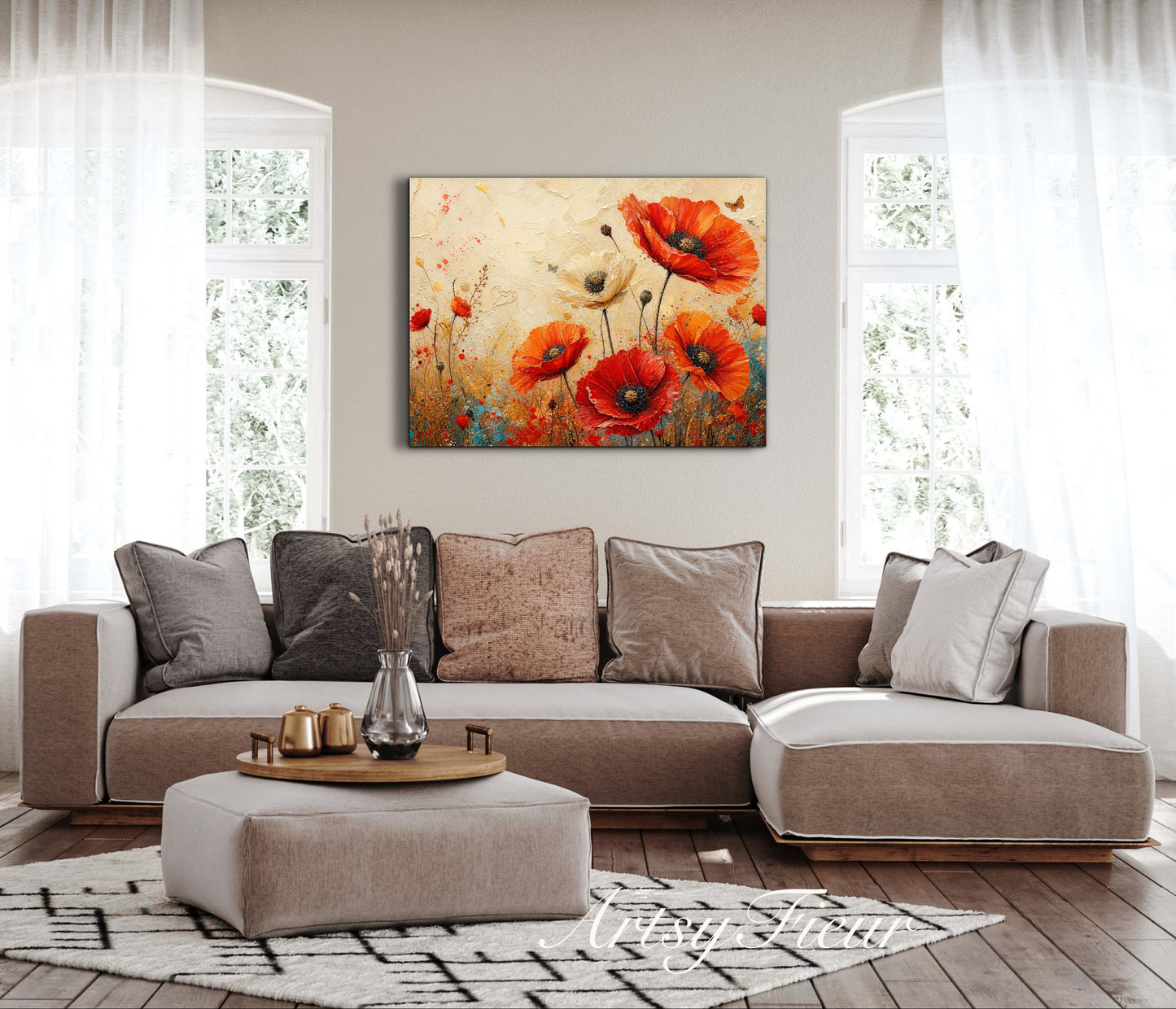 Framed Canvas- Beautiful Vibrant Poppies Abstract Oil Painting Floral Canvas Print Colourful Living Room Wall Art