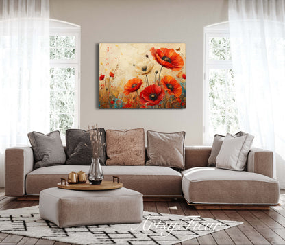 Framed Canvas- Beautiful Vibrant Poppies Abstract Oil Painting Floral Canvas Print Colourful Living Room Wall Art
