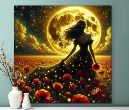 Framed Canvas - Vibrant Poppies Whimsical Full Moon Bride in Poppy Field, Wall Art Ready to hang Oil Painting Original Artwork Print Black Wedding Dress
