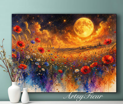 Framed Canvas Print- Vibrant Wildflowers and Poppies Oil Painting Textured Wall Art , Beautiful Original Artwork Ready to Hang Living Room, Floral