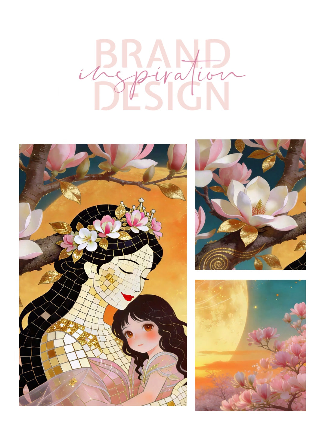 Framed Canvas- Vibrant Magnolia Flowers Mother and Daughter Portrait Original ArtworkFantasy Wall Art