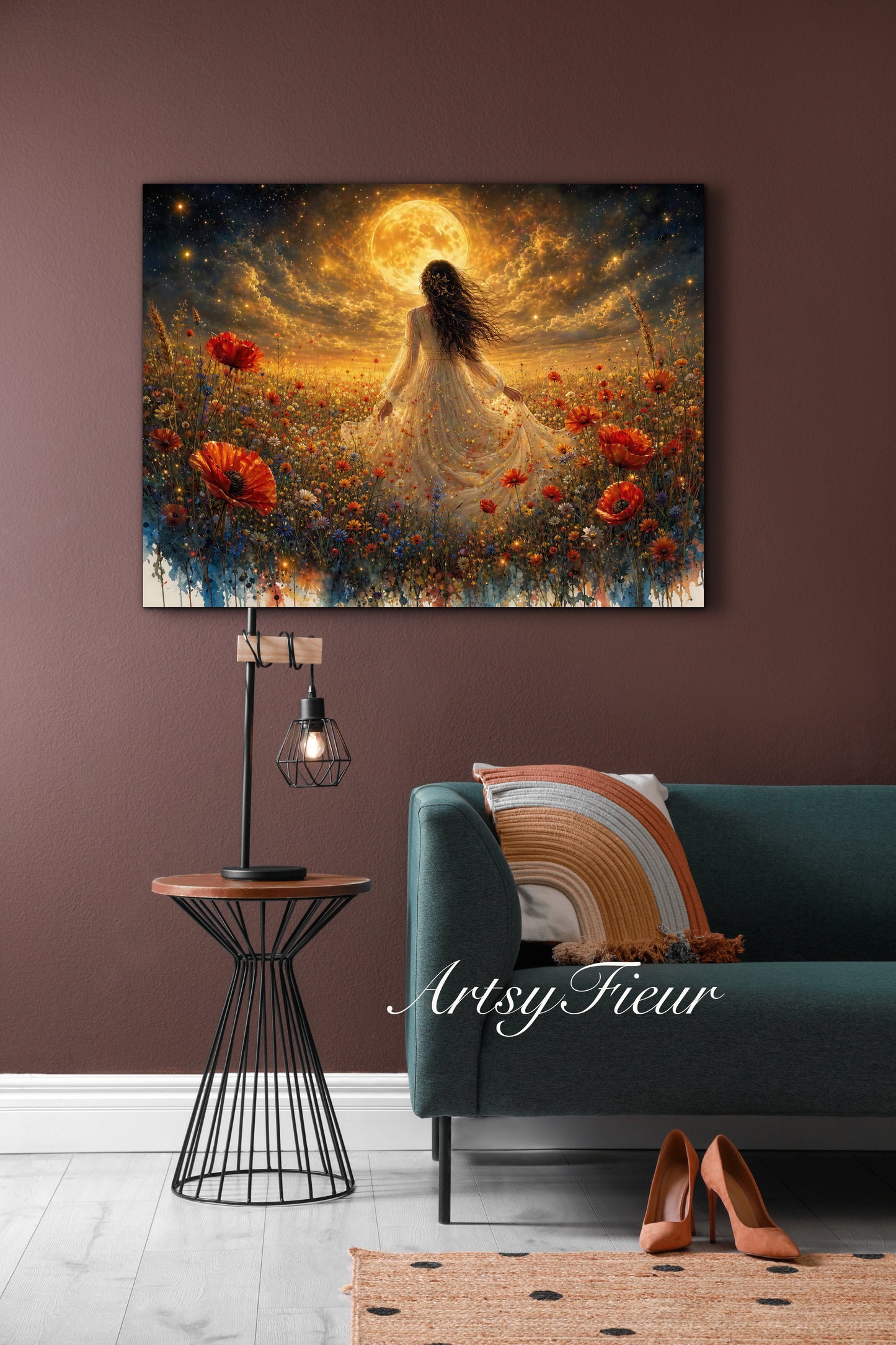 Framed Canvas - Vibrant poppies and wildflowers Whimsical Full Moon starry night sky Bride in Poppy Field, Wall Art Ready to hang original Artwork Print