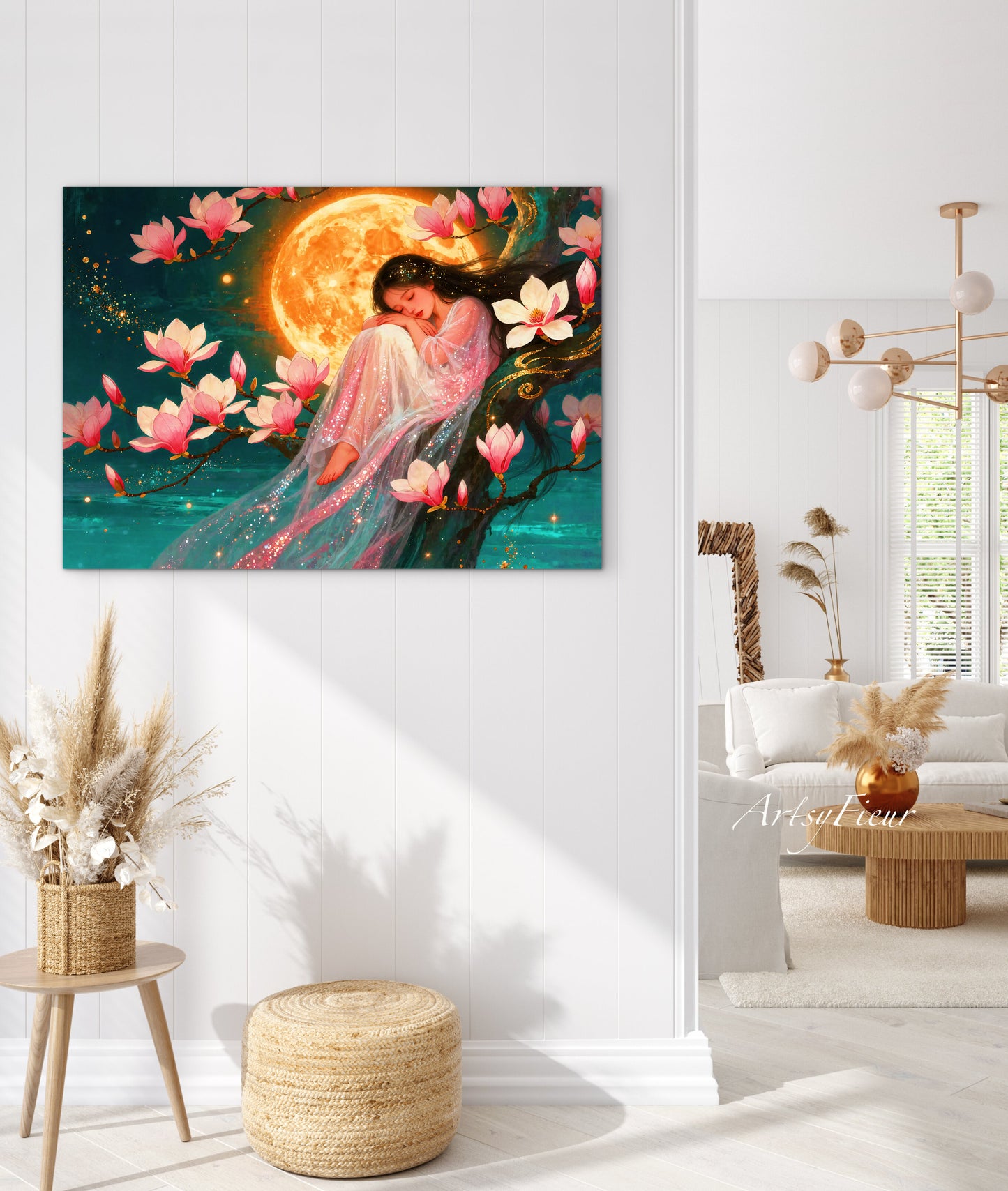 Framed Canvas- Vibrant Magnolia Flowers Beautiful Brunette Asian Woman’s Abstract Portrait Original Artwork Fantasy Wall Art Print