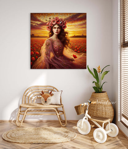 Framed canvas- Original Artwork Vibrant Poppies watercolour floral painting beautiful brunette woman ready to hang wall art print, abstract portrait