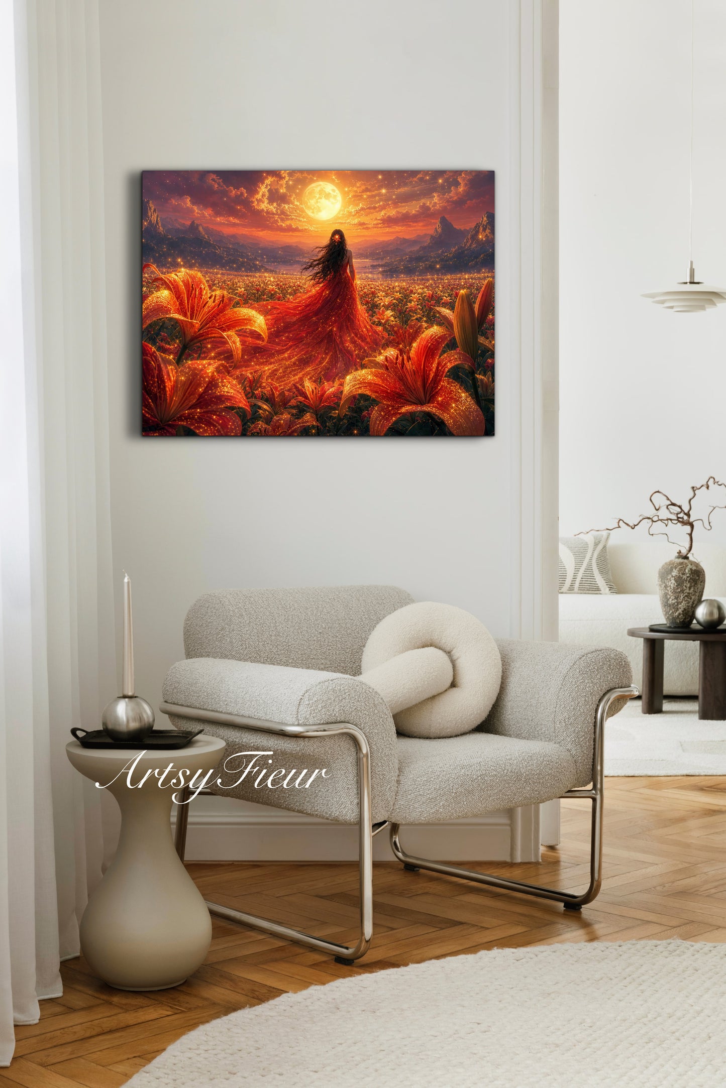 Framed Canvas - Vibrant Lilies Whimsical Full Moon Bride in Poppy Field, Wall Art Ready to hang Oil Painting Original Artwork Print Red Wedding Dress