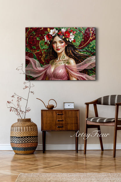 Framed Canvas- Vibrant Magnolia Flowers Beautiful Brunette Woman’s Abstract Portrait Mosaic Original Artwork Fantasy Wall Art Print