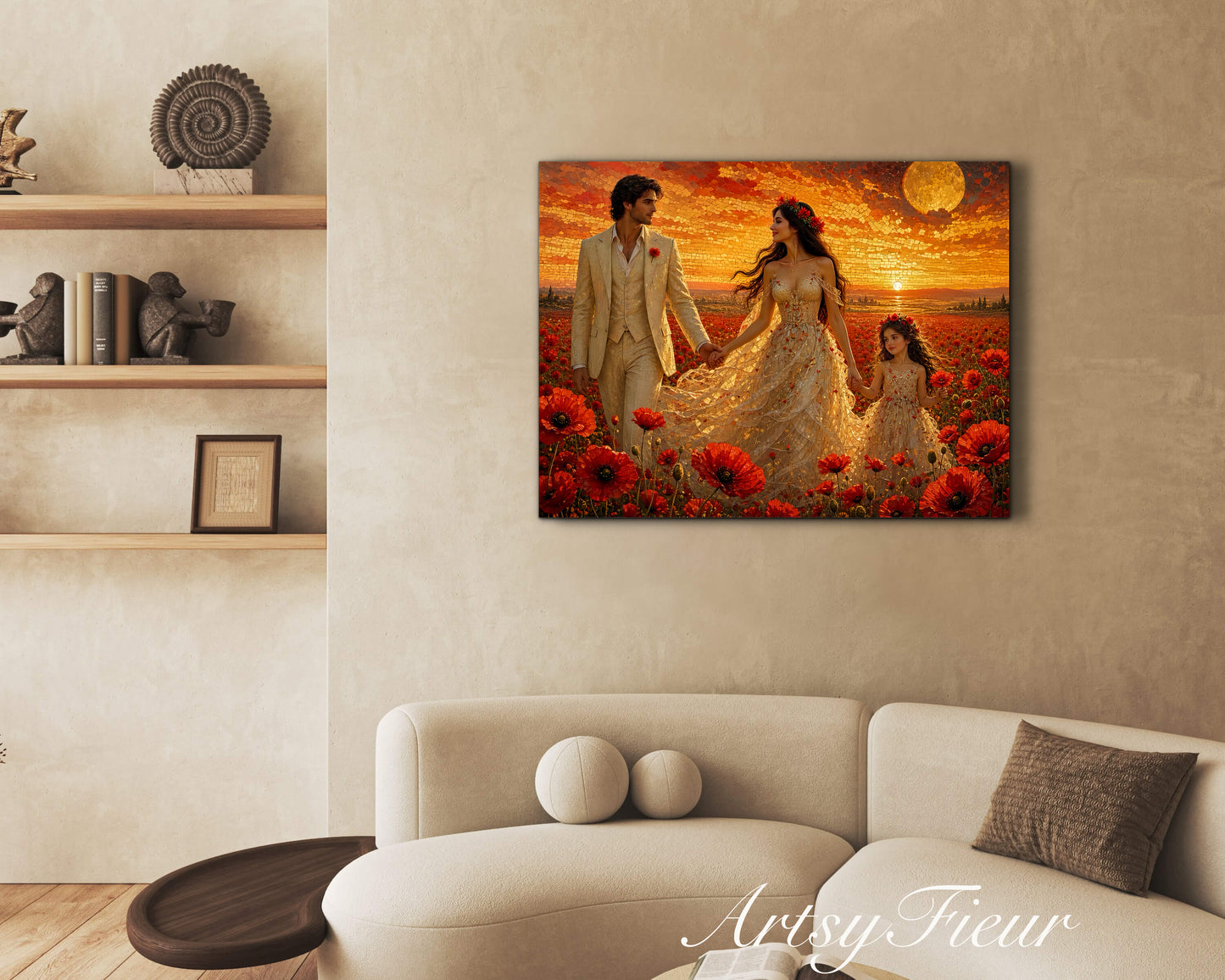 Framed Canvas Vibrant Poppies- Whimsical full moon fantasy oil painting Wedding celebration mother and daughter beautiful family portrait Original wall art print