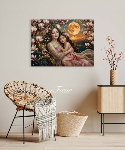 Framed Canvas- Vibrant Magnolia Flowers Mother and Daughter Portrait Original ArtworkFantasy Wall Art