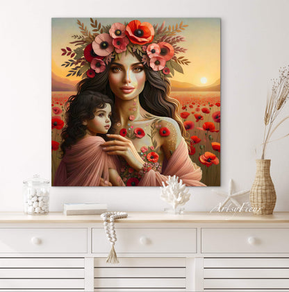 Framed Canvas- Vibrant Poppies Mother and Daughter Portrait Whimsical Full Moon Sunset Fantasy Oil Painting Wall Art Print