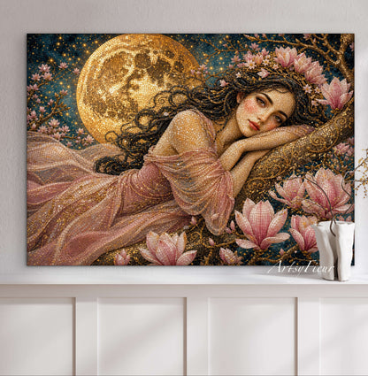 Framed Canvas- Vibrant Magnolia Flowers Beautiful Brunette Woman’s Abstract Portrait Mosaic Original Artwork Fantasy Wall Art Print