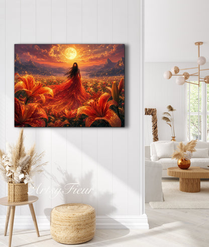 Framed Canvas - Vibrant Lilies Whimsical Full Moon Bride in Poppy Field, Wall Art Ready to hang Oil Painting Original Artwork Print Red Wedding Dress