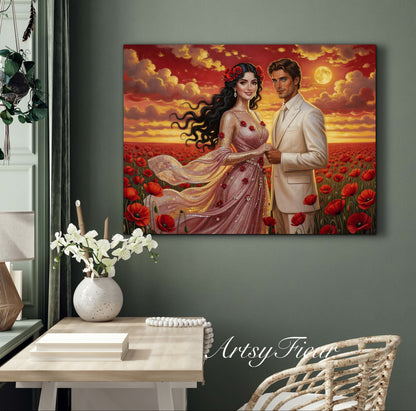 Framed canvas- whimsical full moon sunset bride and groom, wedding, poppy field, vibrant colours living room original artwork, fantasy oil painting wall art print