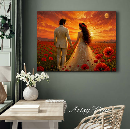 Framed canvas- whimsical full moon sunset bride and groom, wedding, poppy field, vibrant colours living room original artwork, fantasy oil painting wall art print