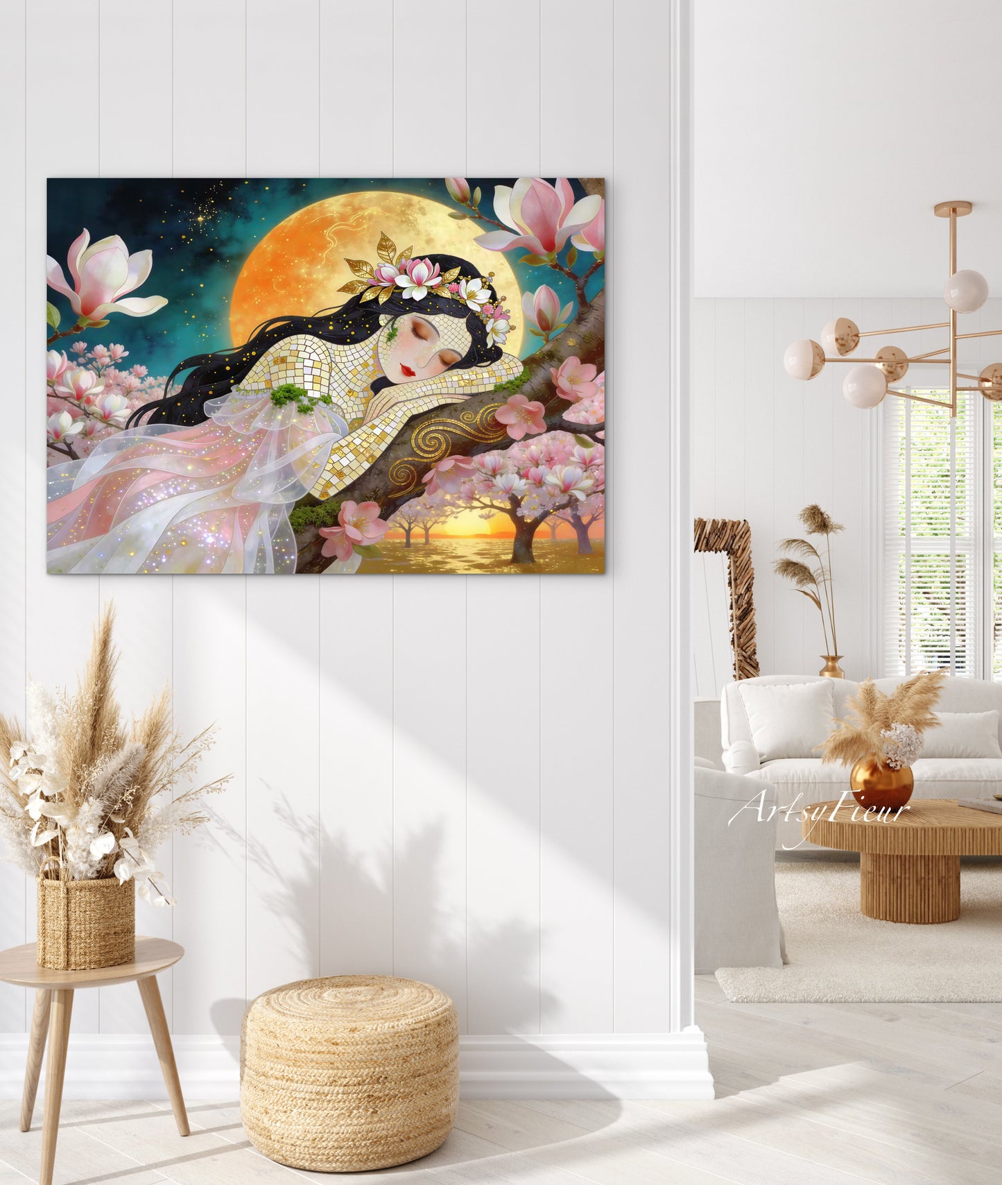 Framed Canvas- Vibrant Magnolia Flowers Beautiful Brunette Woman’s Abstract Portrait Mosaic Original Artwork Fantasy Wall Art Print Mother Nature