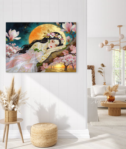 Framed Canvas- Vibrant Magnolia Flowers Beautiful Brunette Woman’s Abstract Portrait Mosaic Original Artwork Fantasy Wall Art Print Mother Nature