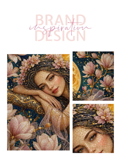 Framed Canvas- Vibrant Magnolia Flowers Beautiful Brunette Woman’s Abstract Portrait Mosaic Original Artwork Fantasy Wall Art Print