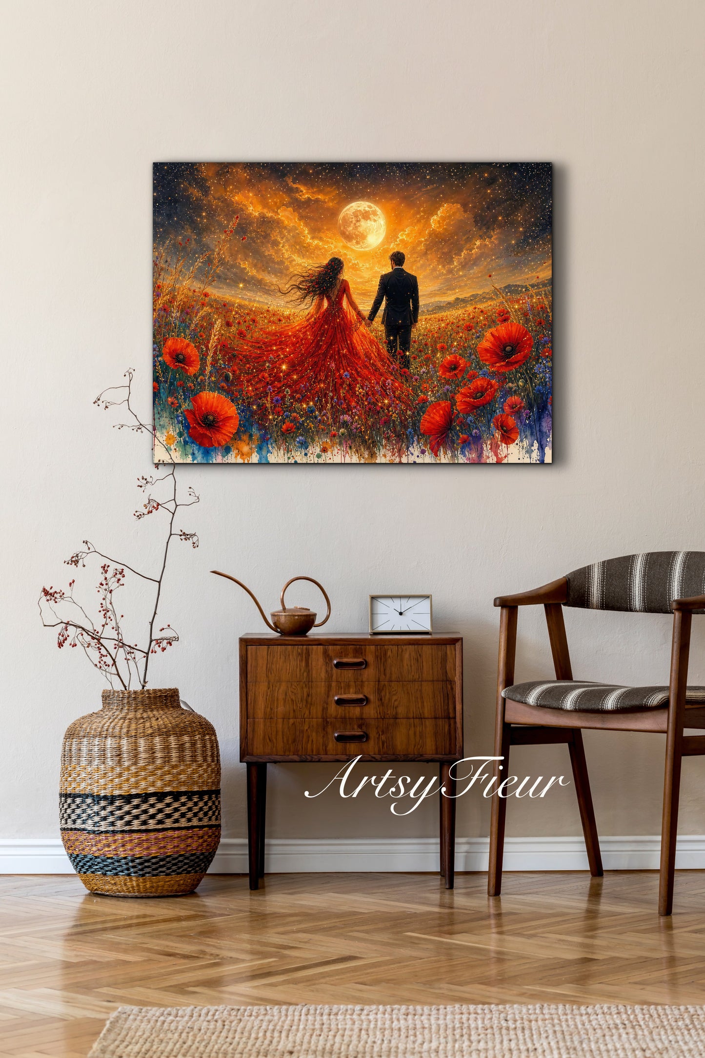 Framed canvas- whimsical full moon sunset -bride and groom, wedding gift, fantasy oil painting bedroom wall art print floral poppies field colourful vibrant colours