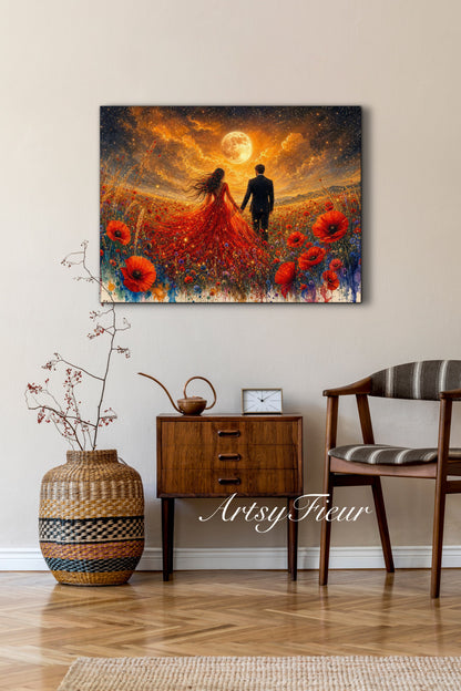 Framed canvas- whimsical full moon sunset -bride and groom, wedding gift, fantasy oil painting bedroom wall art print floral poppies field colourful vibrant colours