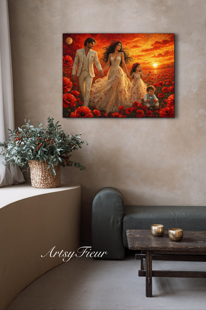Framed Canvas- Vibrant Poppies Field Bride Groom Mother Daughter and Baby boy Portrait Whimsical Full Moon Sunset Fantasy Oil Painting Wall Art Print