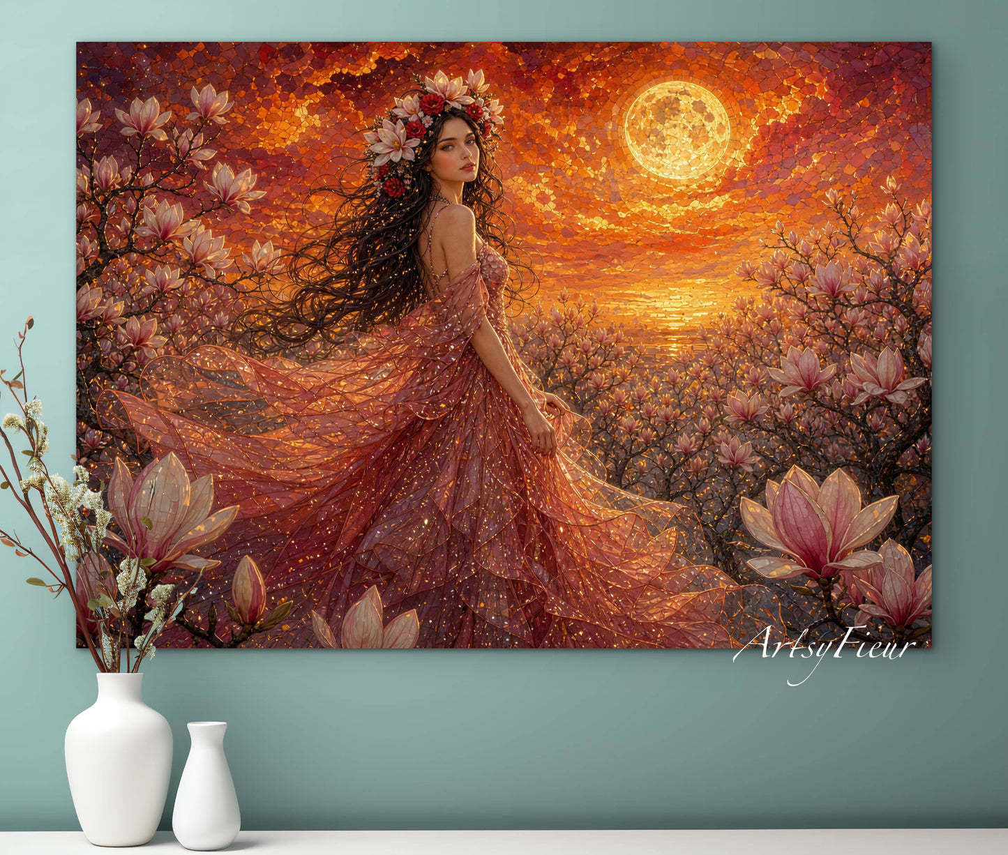 Framed Canvas- Vibrant Magnolia Flowers Beautiful Brunette Woman’s Abstract Portrait Mosaic Original Artwork Fantasy Wall Art Print