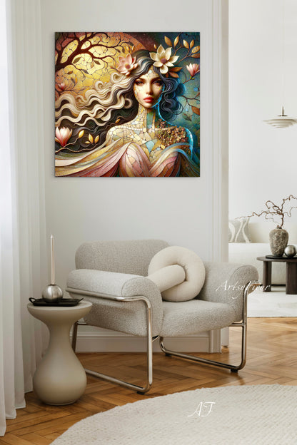 Framed canvas- Original Artwork Vibrant Magnolia Flowers Mosaic Portrait Beautiful Brunette Woman Wall Art Print