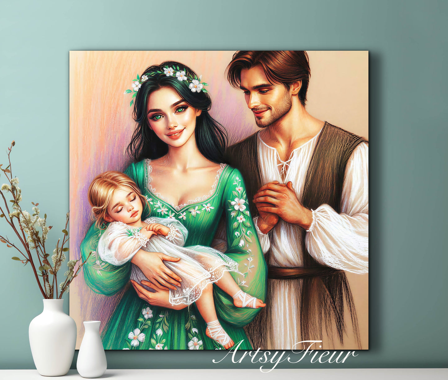 Framed canvas- ready to hang wall art print, colourful drawing abstract family portrait mother and daughter colourful drawing