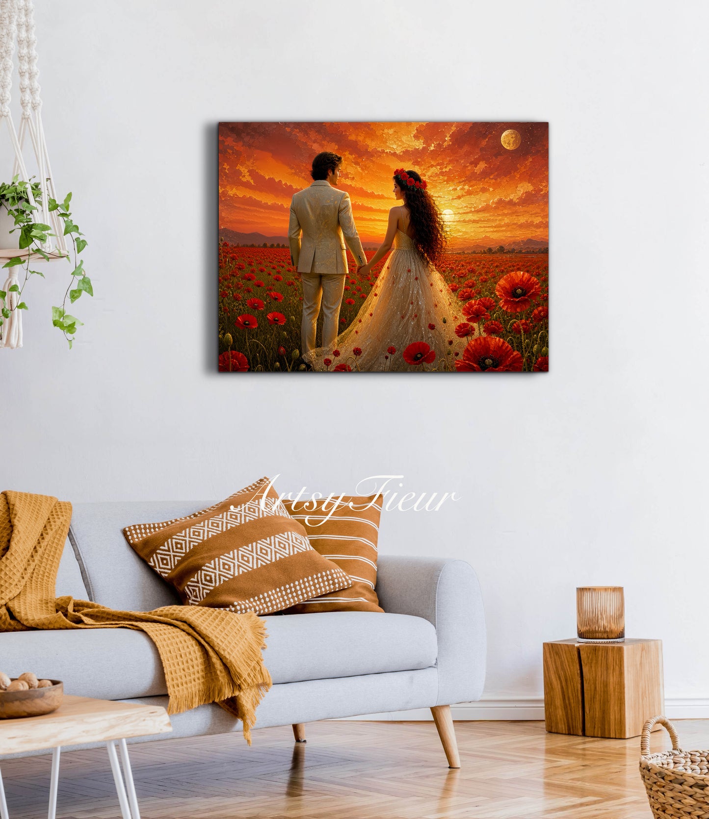 Framed canvas- whimsical full moon sunset bride and groom, wedding, poppy field, vibrant colours living room original artwork, fantasy oil painting wall art print