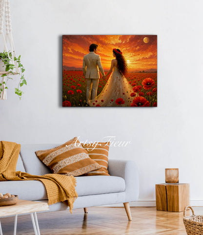 Framed canvas- whimsical full moon sunset bride and groom, wedding, poppy field, vibrant colours living room original artwork, fantasy oil painting wall art print