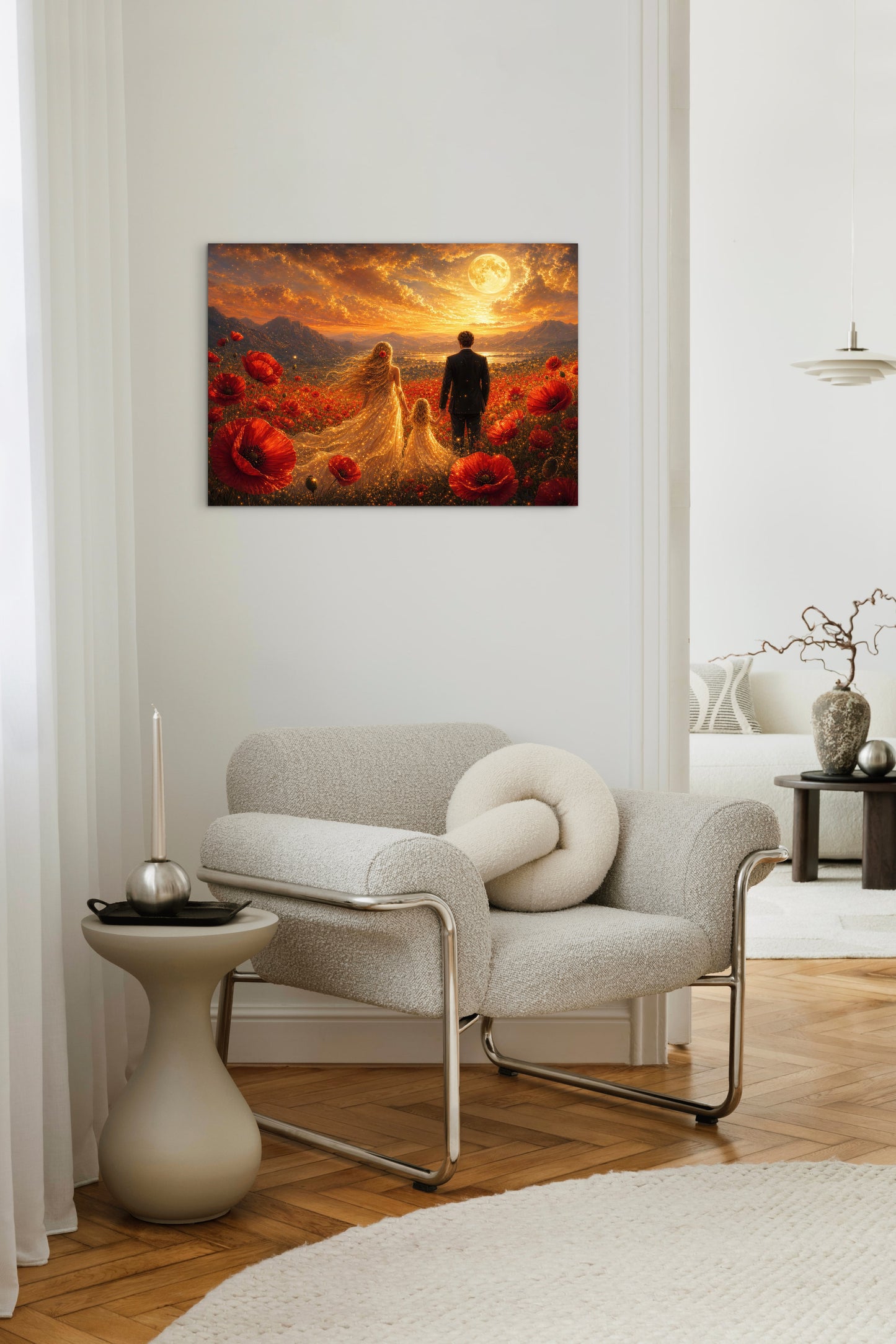Framed Canvas Vibrant Poppies- Whimsical full moon fantasy oil painting Wedding celebration mother and daughter beautiful family portrait Original wall art print