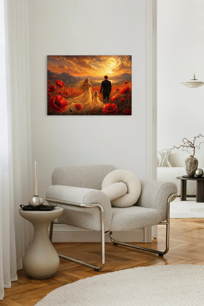 Framed Canvas Vibrant Poppies- Whimsical full moon fantasy oil painting Wedding celebration mother and daughter beautiful family portrait Original wall art print