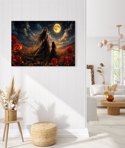 Framed Canvas- Vibrant Poppies Field Mother and Daughter Portrait Whimsical Full Moon Sunset Fantasy Oil Painting Wall Art Print
