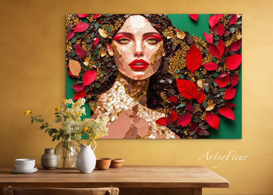 Framed Canvas- Vibrant Colours Beautiful Brunette Woman’s Abstract Portrait Mosaic Original Artwork Fantasy Wall Art Print