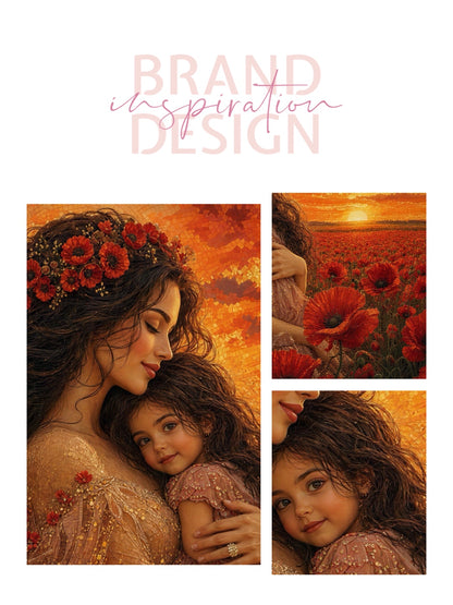 Framed Canvas- Vibrant Poppies Field Mother and Daughter Portrait Whimsical Full Moon Sunset Fantasy Oil Painting Wall Art Print