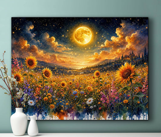 Framed Canvas- Beautiful Vibrant Colours Full Moon Floral Landscape, Wildflowers and Sunflowers Field under Night Sky Living Room Wall Art