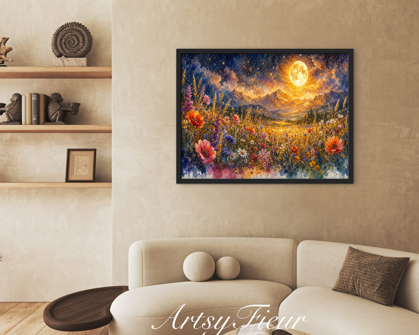 Framed canvas- vibrant full moon starry night sky colourful wildflowers floral wall art living room