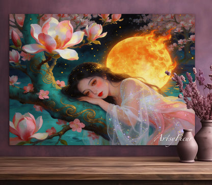 Framed Canvas- Vibrant Magnolia Flowers Beautiful Brunette Asian Woman’s Abstract Portrait Original Artwork Fantasy Wall Art Print
