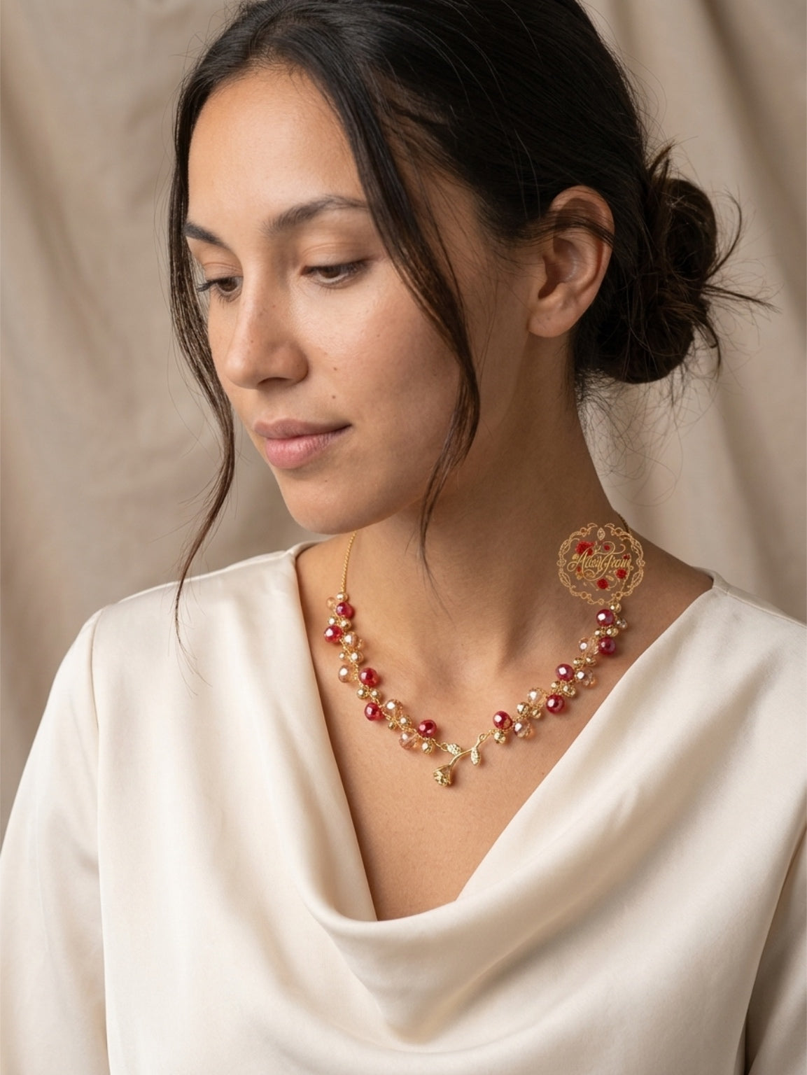 Mini Gold Rose Necklace Flower Pendant Handmade Braided Crystal Red Gold Beaded S925 Sterling Silver Hypoallergenic Floral Bohemian