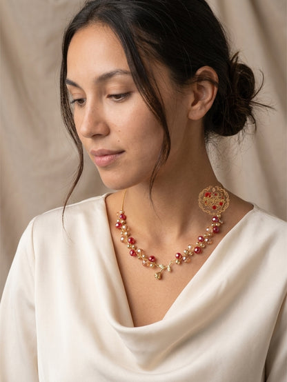 Mini Gold Rose Necklace Flower Pendant Handmade Braided Crystal Red Gold Beaded S925 Sterling Silver Hypoallergenic Floral Bohemian
