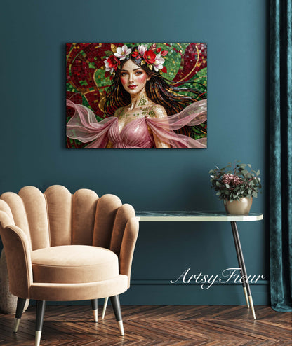 Framed Canvas- Vibrant Magnolia Flowers Beautiful Brunette Woman’s Abstract Portrait Mosaic Original Artwork Fantasy Wall Art Print