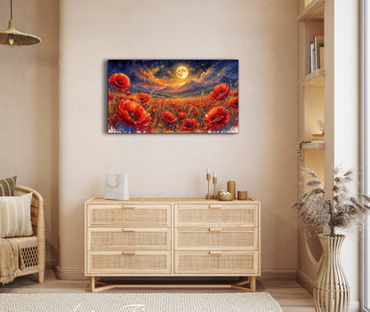 ArtsyFieur Framed Canvas - vibrant poppies whimsical lights full moon living room colourful wall art