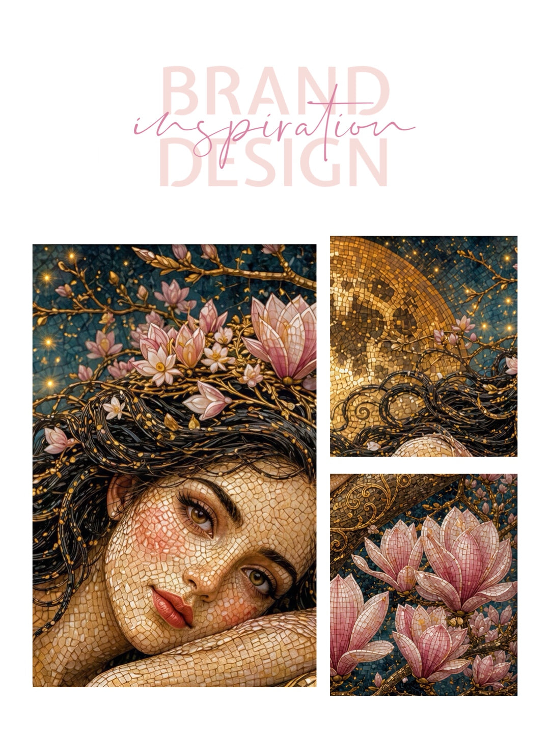 Framed Canvas- Vibrant Magnolia Flowers Beautiful Brunette Woman’s Abstract Portrait Mosaic Original Artwork Fantasy Wall Art Print