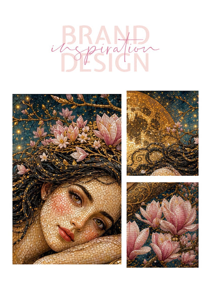 Framed Canvas- Vibrant Magnolia Flowers Beautiful Brunette Woman’s Abstract Portrait Mosaic Original Artwork Fantasy Wall Art Print