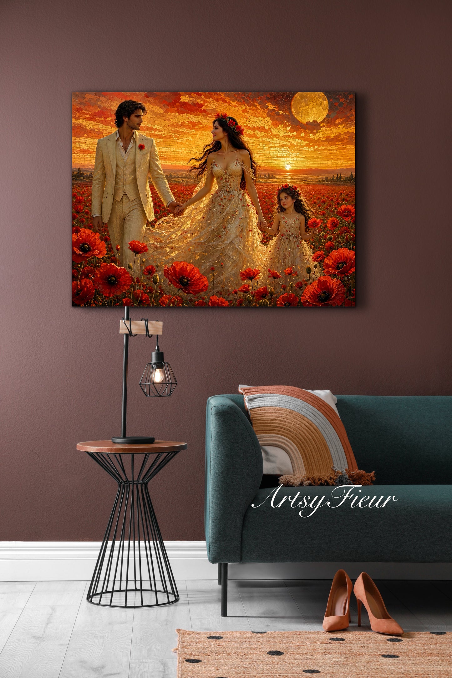Framed Canvas Vibrant Poppies- Whimsical full moon fantasy oil painting Wedding celebration mother and daughter beautiful family portrait Original wall art print