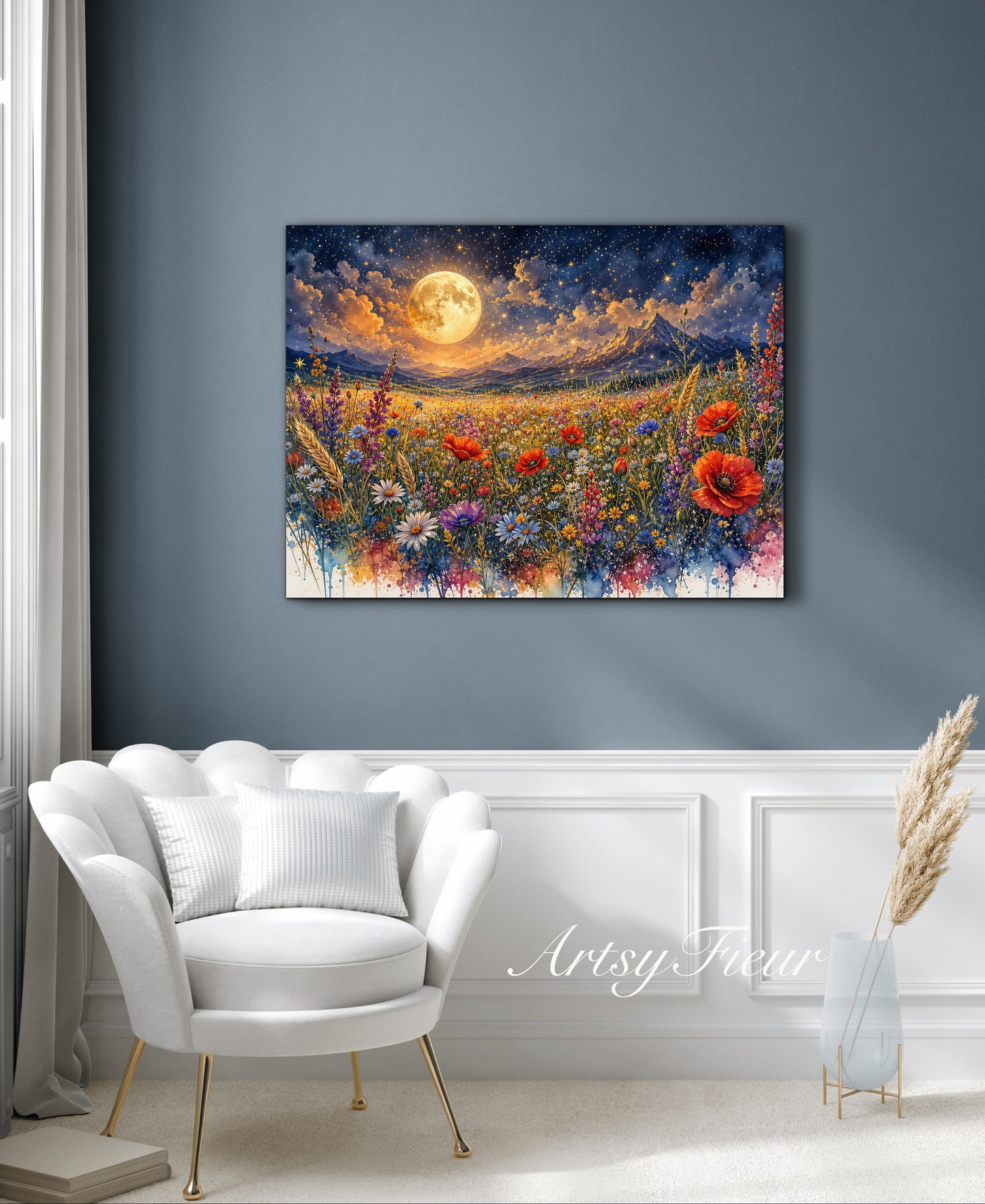 Framed Canvas Print- Vibrant Wildflowers and Poppies Oil Painting Textured Wall Art , Beautiful Original Artwork Ready to Hang Living Room, Floral
