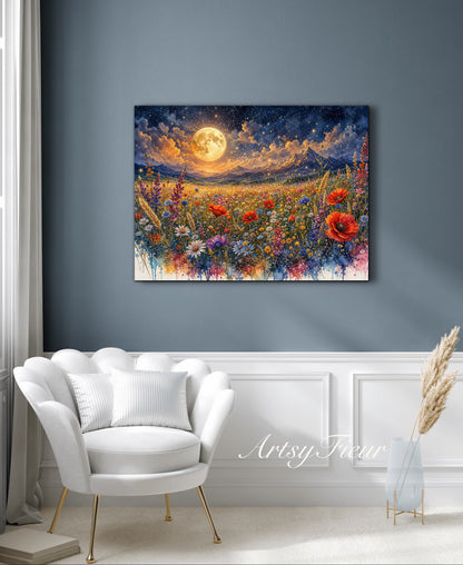 Framed Canvas Print- Vibrant Wildflowers and Poppies Oil Painting Textured Wall Art , Beautiful Original Artwork Ready to Hang Living Room, Floral